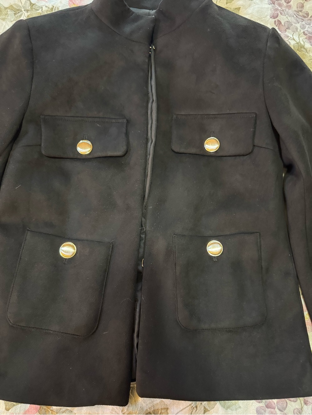 Zara XS Black Faux Suede Military Jacket Gold Buttons Four Pockets